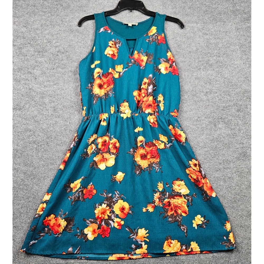 41 Hawthorn Womens Teal Orange Floral Sleeveless Elastic Waist Dress M Coquette